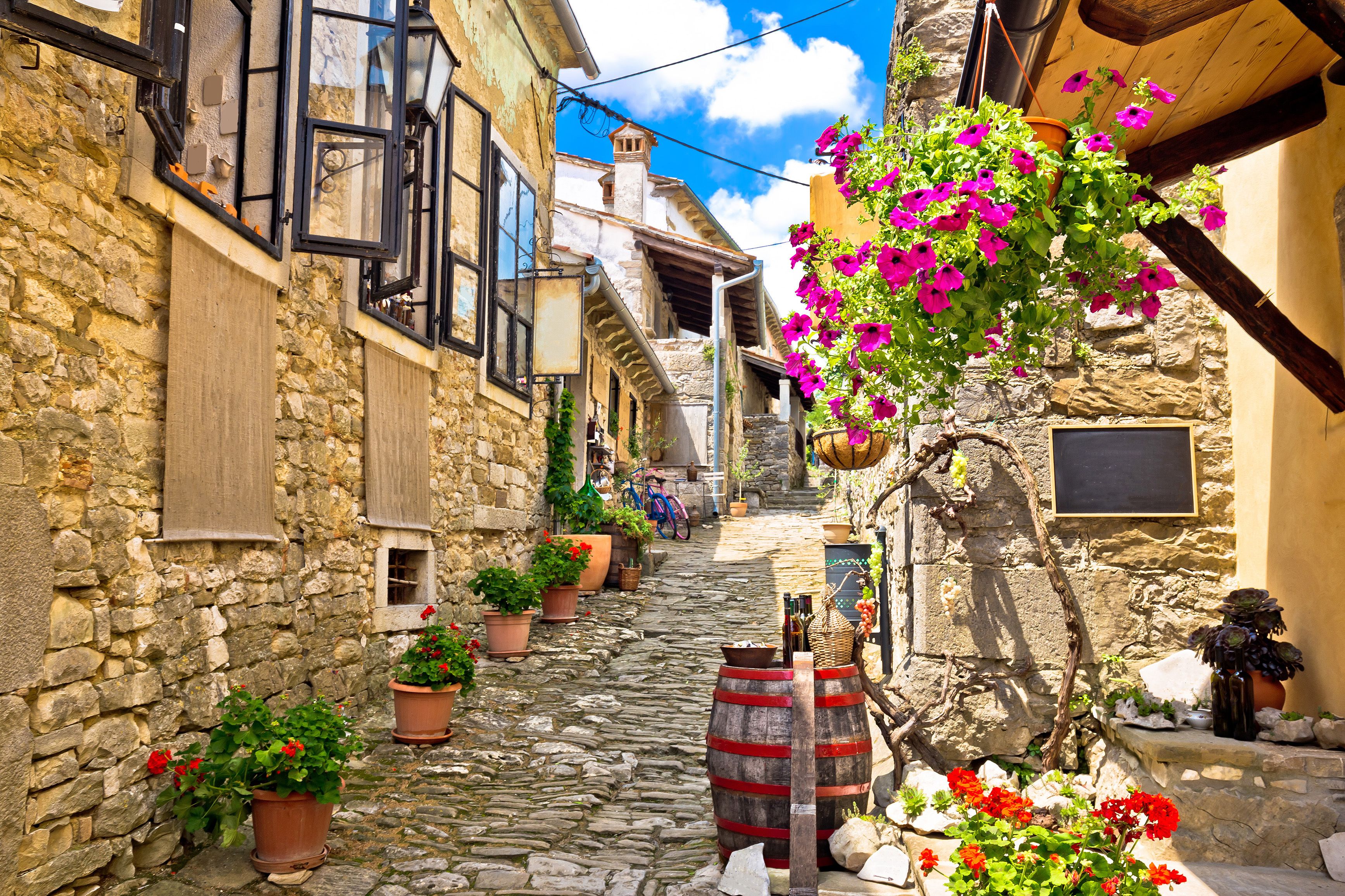 Colorful old stone street in Hum, Croatia