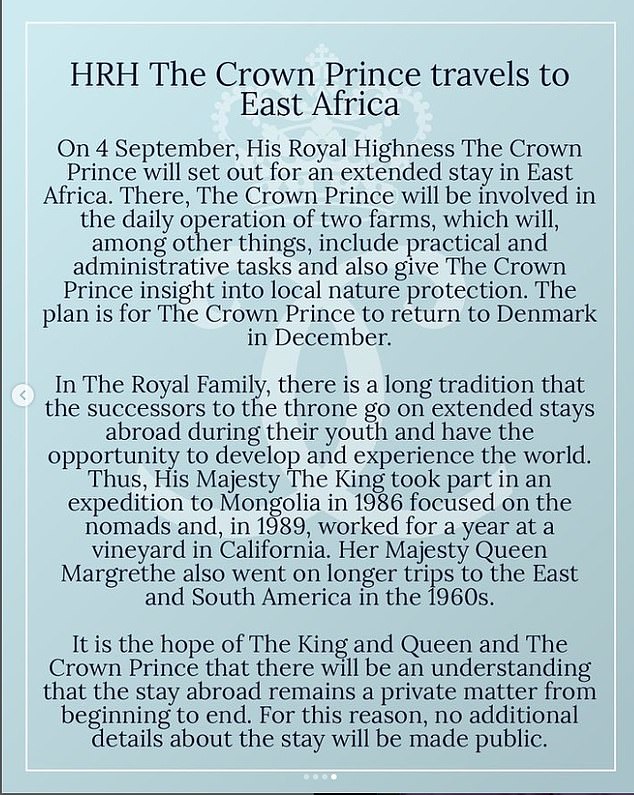 The Palace announced Prince Christian's 'extended stay' in East Africa to work on a farm on its Instagram account