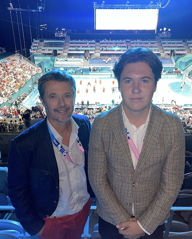 Prince Christian pictured with his father King Frederik in August as they supported the Danish men's handball team at the Olympics earlier this year