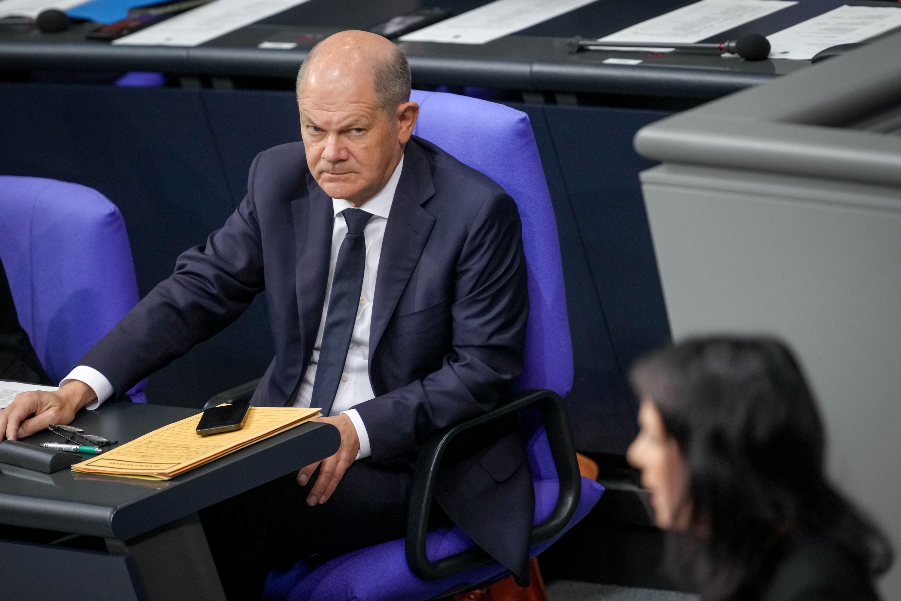 German Foreign Minister Annalena Baerbock speaks in the Bundestag alongside Federal Chancellor Olaf Scholz in a session that includes a debate on the anniversary of the war in Gaza, Berlin, Germany, Oct. 10, 2024. (Getty Images Photo)