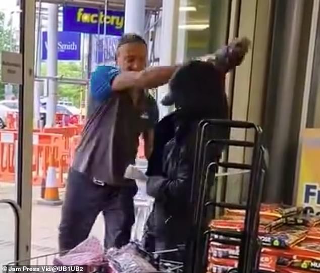 This footage, filmed on Sunday, shows a brave Poundland employee grappling with a shoplifter in a store at Westway Cross Shopping Park in Greenford