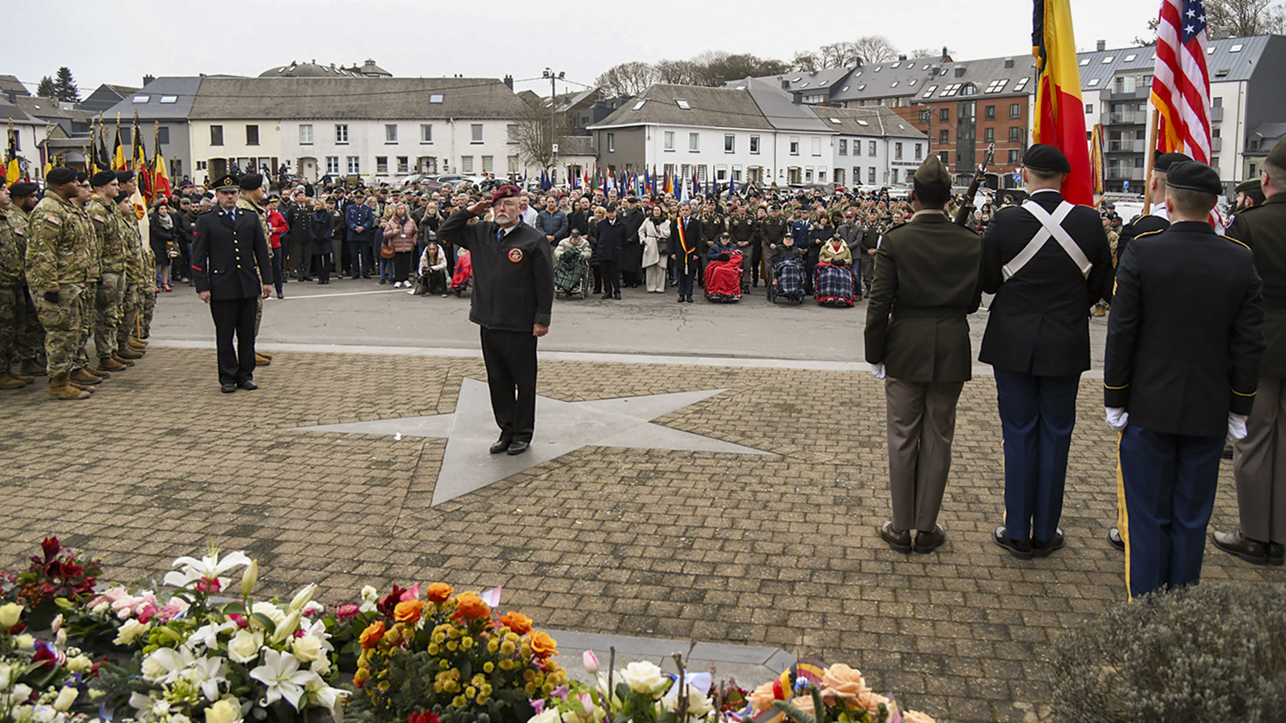 A military veteran renders a salute at the ceremony to commemorate the 79th anniversary of the Battle of the Bulge at the Patton Monument in December 2023. Ambassador Michael M. Adler, local government officials, and American WWII veterans attended the event, Dec. 16, 2023. Photo by Serge Vandendriessche