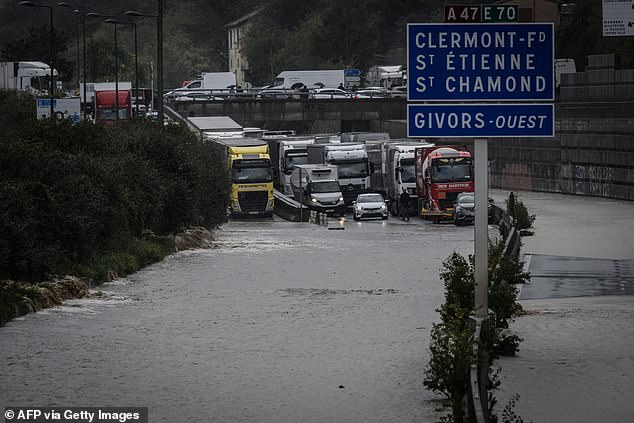 Vehicles are blocked by rising water on the A47 freeway today