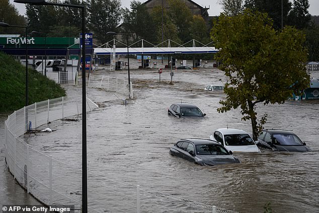 This photograph taken today shows cars partially submerged in a commercial zone in Givors