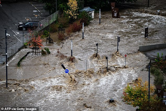 A photo shows a flodded area following heavy rainfall in Annonay, central France today