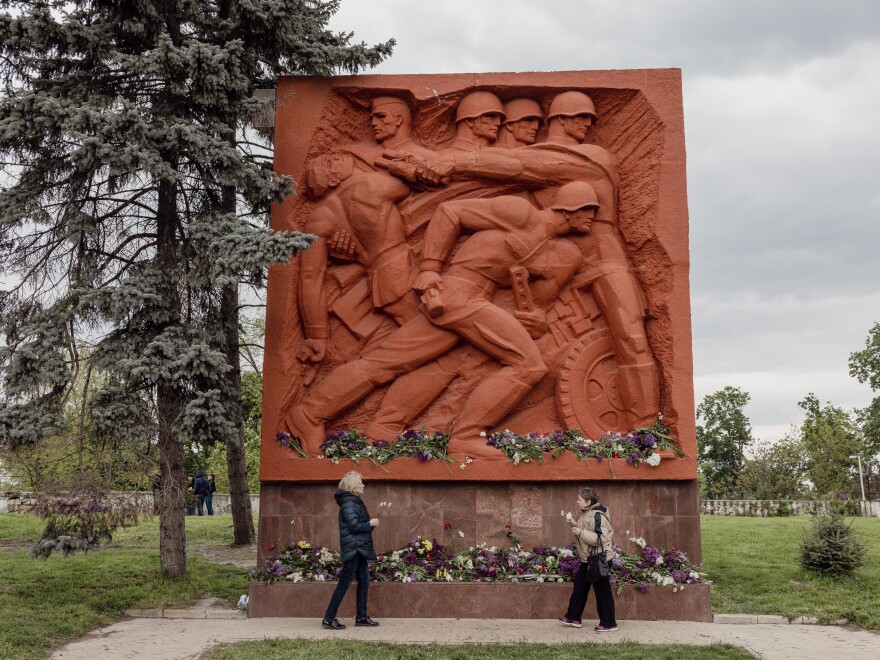 People at a World War II monument on Victory Day in Chișinău, Moldova, May 9, 2023. Many from Moldova’s Russian-speaking population remain nostalgic for the days of the former Soviet Union.