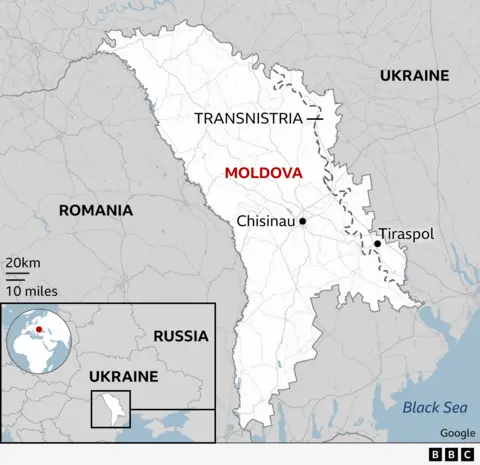 A map showing where Moldova is, next to Romania and Ukraine