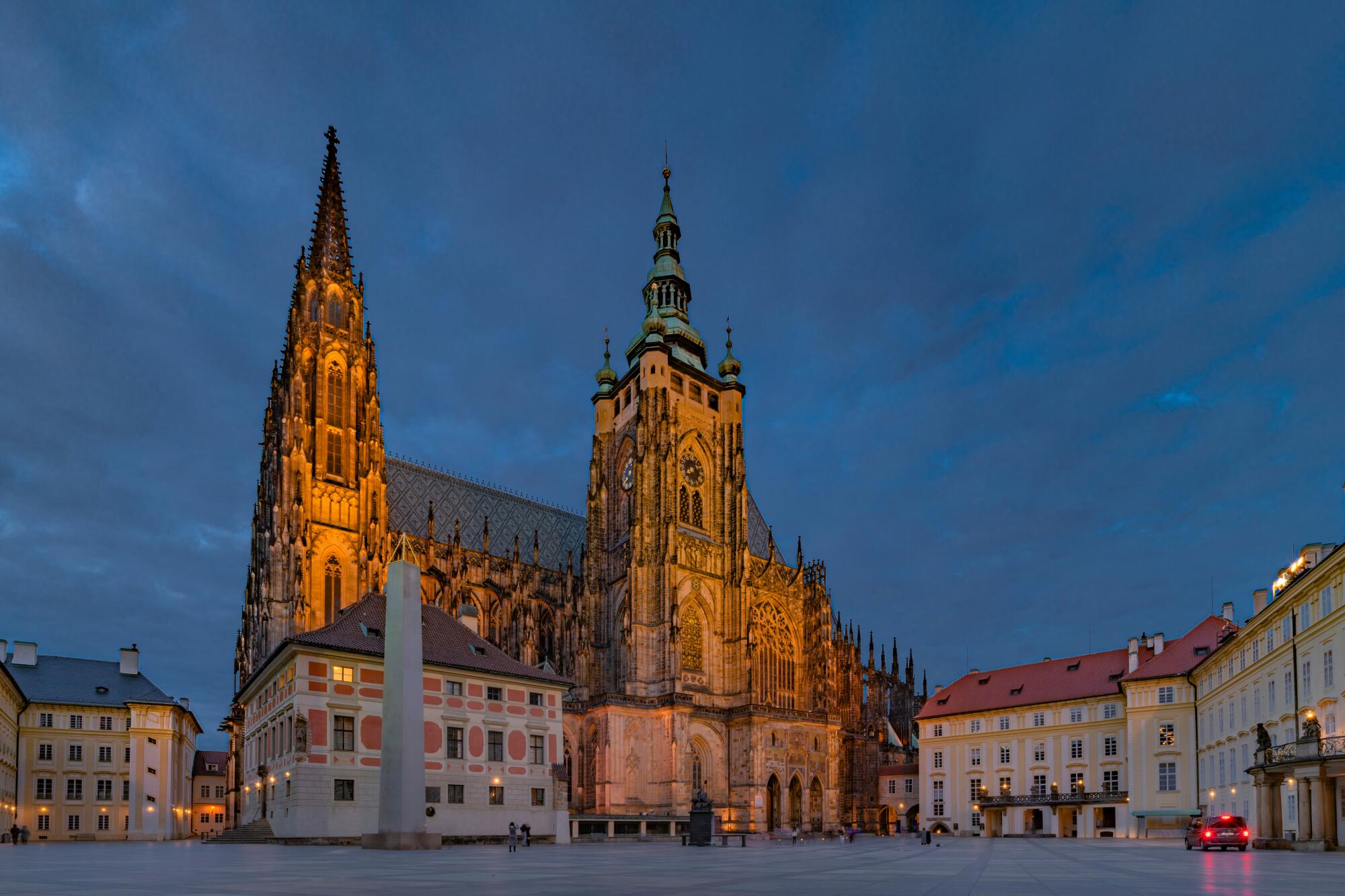 Prague castle square in blue hours in cloudy spring color evening