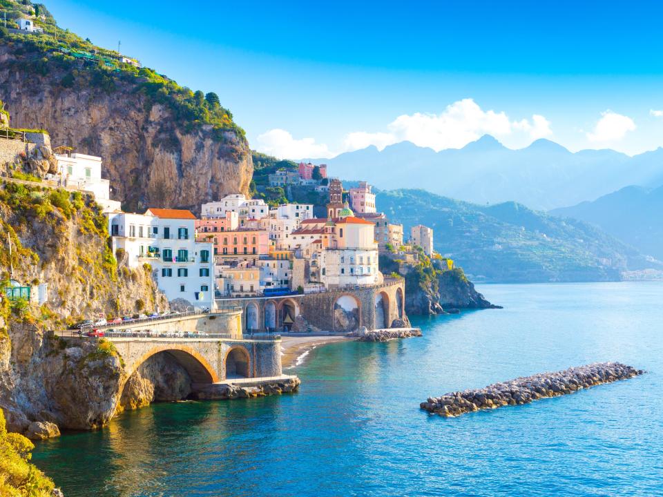 A view of Italy's Amalfi Coast cityscape on the coastline of the Mediterranean Sea.