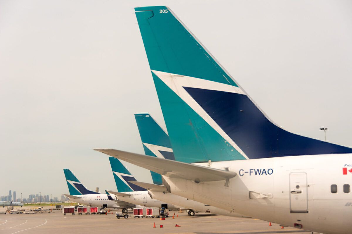 Westjet plane tails in Pearson International Airport.