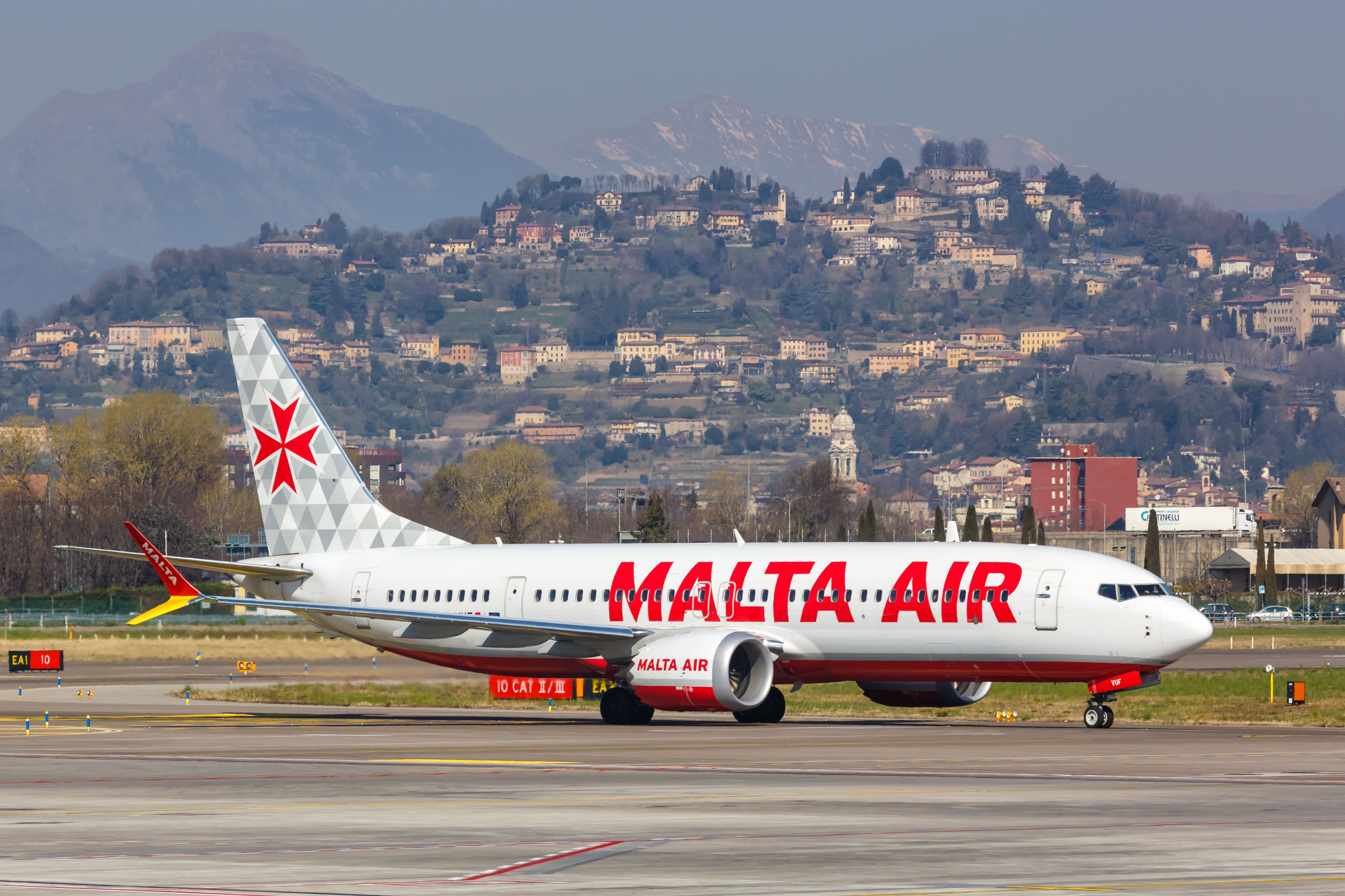 A Malta Air Boeing 737 MAX On an airport apron.