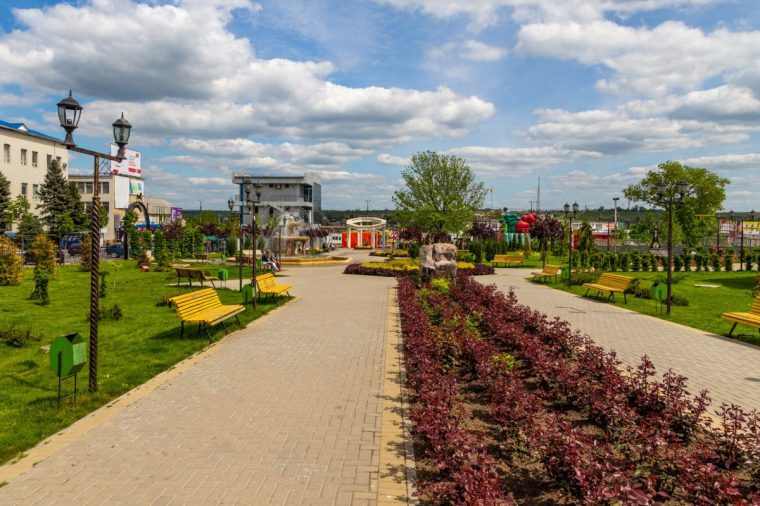 Comrat, Gagauzia, Republic of Moldova - 02 May 2016: View of the Central Park at Lenin Street in the city center.