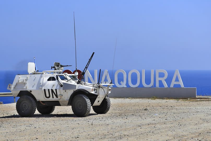 A United Nations Interim Force In Lebanon (UNIFIL) peacekeeping force vehicle patrols in the southern coastal border Lebanese-Israeli town of Naqoura, Lebanon,