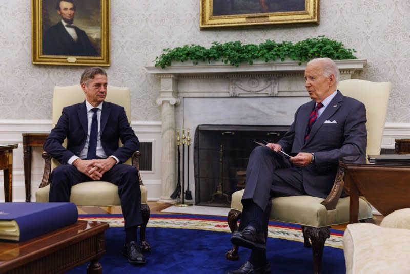 President Joe Biden meets Tuesday with Prime Minister of Slovenia Robert Golob in the Oval Office of the White House in Washington, D.C., where the two leaders discussed a joint approach on the Western Balkans, an area of strategic interest for the United States and the Republic of Slovenia. Photo by Aaron Schwartz/UPI