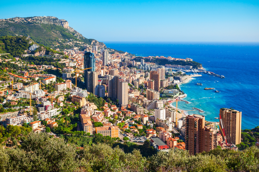 Monte Carlo, Monaco aerial panoramic view. Monaco is a country on the French Riviera near France in Europe.