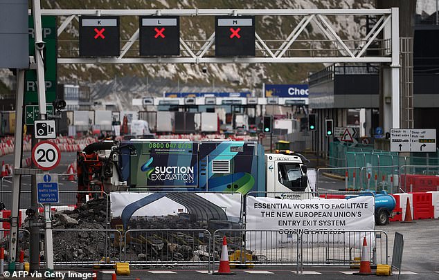 A sign alerts travellers arriving at the Port of Dover on the south-east coast of England on July 31, 2024, of the construction works underway to facilitate the new European Union Entry Exit System, due to open in late 2024