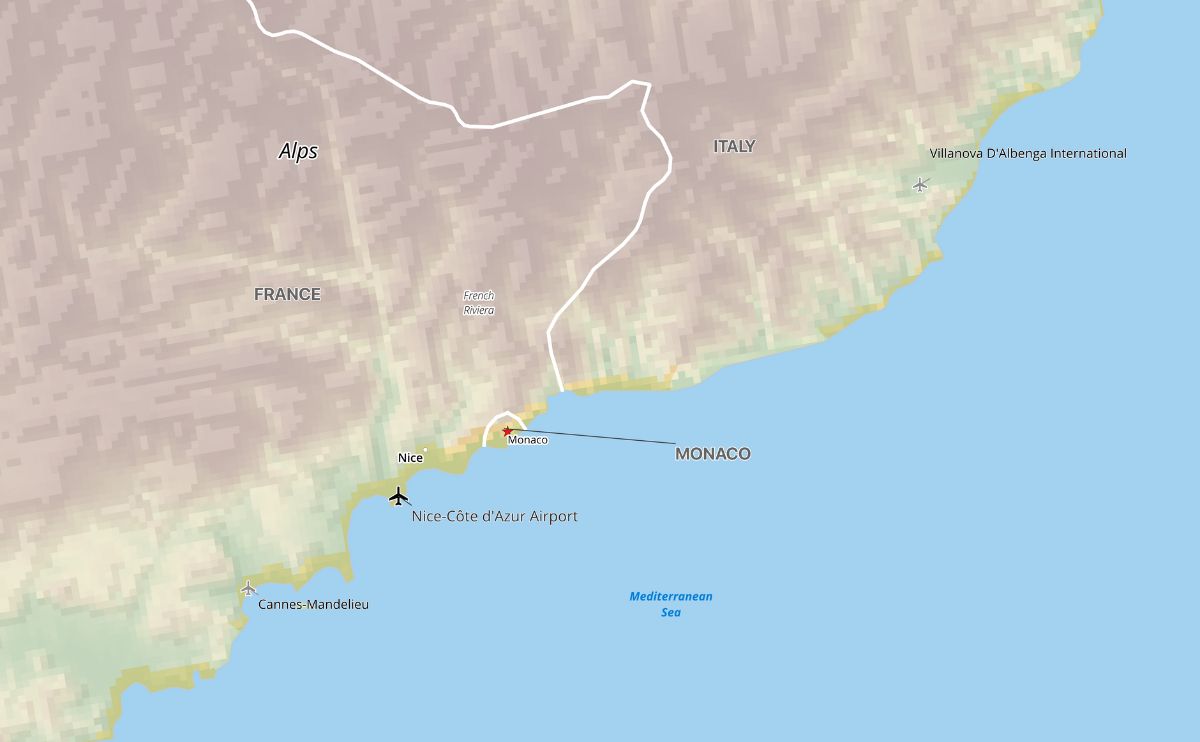 Shaded relief map of the area of Europe around Monaco showing the location of major airports and airports with regularly scheduled flights.