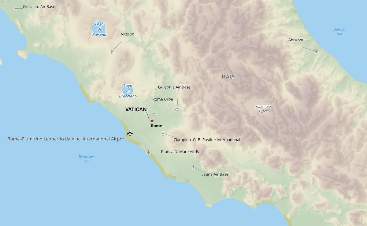 Shaded relief map of the area of Europe around the Vatican showing the location of major airports and airports with regularly scheduled flights.