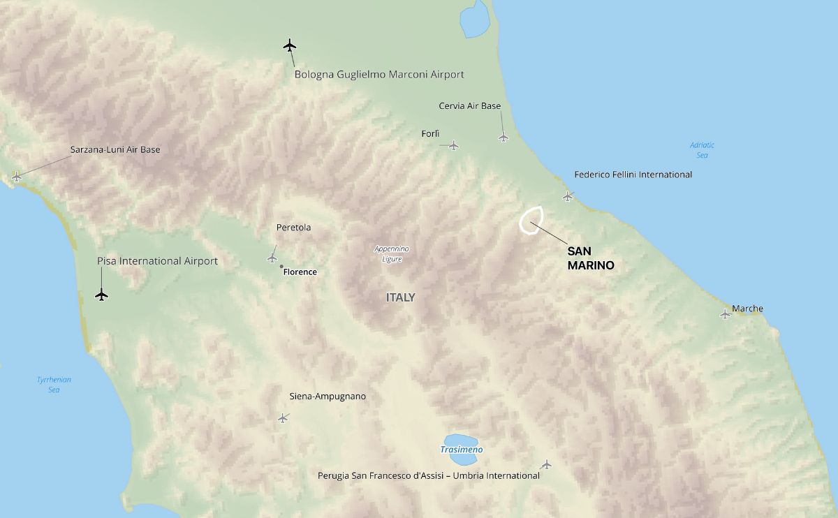 Shaded relief map of the area of Europe around San Marino showing the location of major airports and airports with regularly scheduled flights.