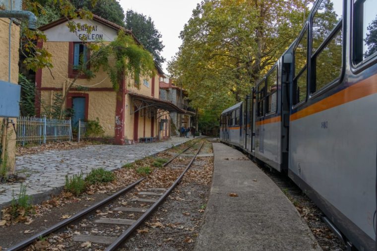 The Diakopto??????Kalavryta railway, a historic rack railway runnning 22 km from Diakopto through the Vouraikos Gorge to the old Mega Spilaion Monastery, Zachlorou and up to Kalavryta. Peloponnese, Greece