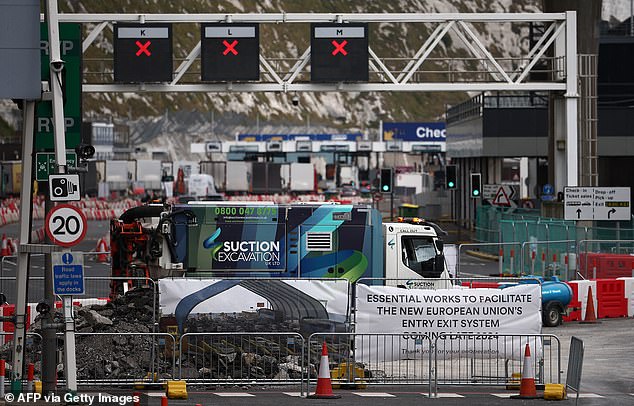 A sign alerts travellers arriving at the Port of Dover of the works underway to facilitate the new and much delayed European Union Entry Exit System