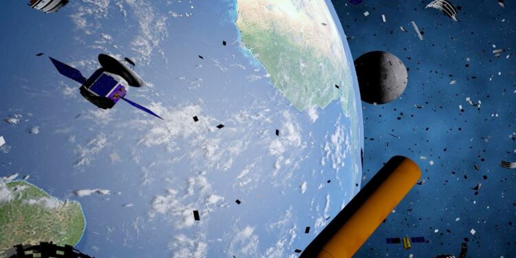 Artist's illustration of space junk orbiting Earth.