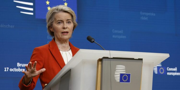 European Commission president Ursula von der Leyen during her visit to the area that was recently hit by floods and landslides, in Jablanica, Bosnia, Thursday, Oct. 24, 2024