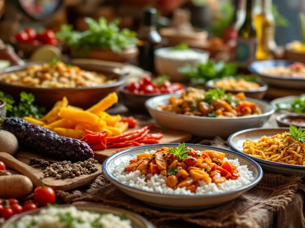 Colorful Bulgarian dishes at a food exhibition.