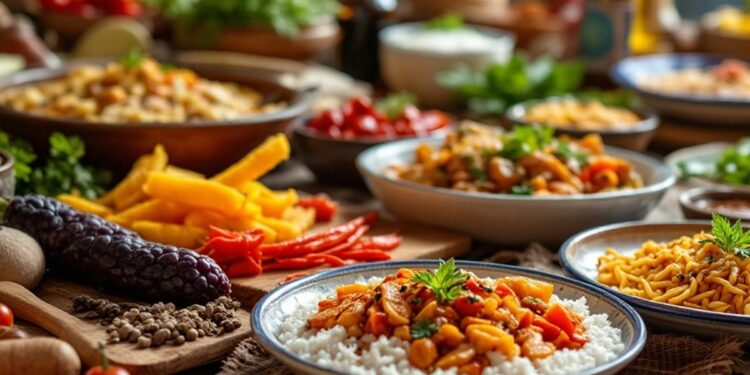 Colorful Bulgarian dishes at a food exhibition.