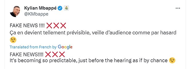 Mbappe shared a newspaper article on the alleged rape on X and wrote: 'Fake News!'