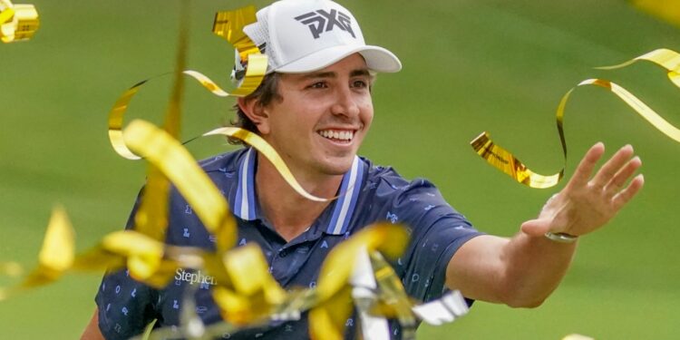 Nico Echavarria of Colombia celebrates after winning the PGA Tour's Zozo Championship