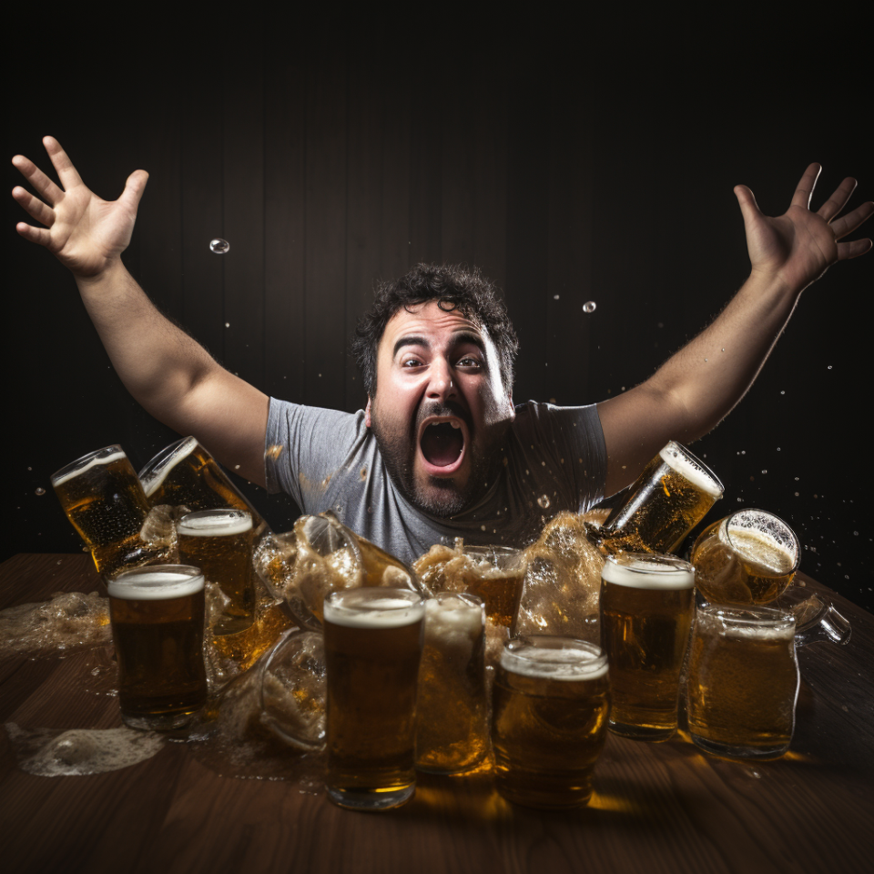 A man with his large arms raised and wearing a T-shirt, seated in front of many mugs of beer