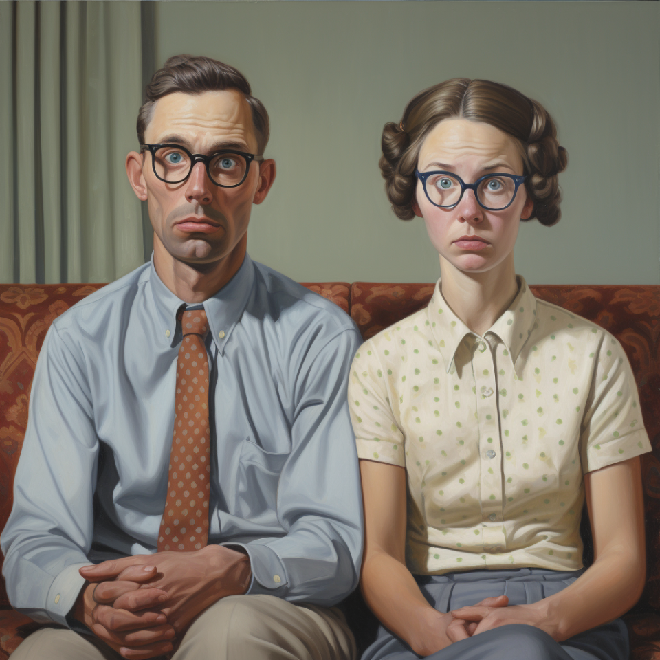 A somber-looking man in a shirt and tie sitting on a couch next to a somber-looking woman with a conservative haircut and wearing a short-sleeved top buttoned to the top; they're both wearing glasses and sitting with their hands in their laps