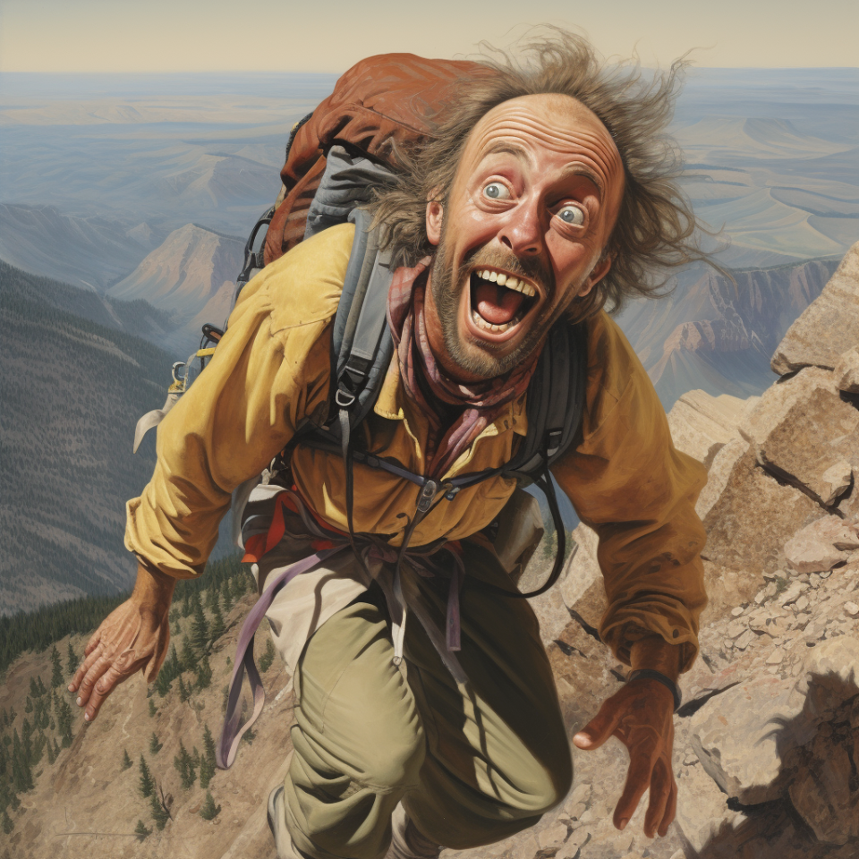 A frantically smiling man climbing a mountain and carrying a large backpack