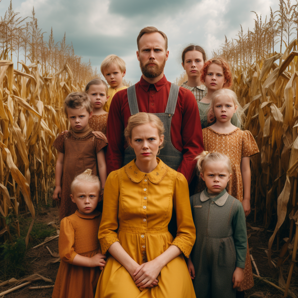 A man with a thick beard and mustache and wearing overalls stands in a cornfield with a woman, who's wearing a conservative dress, and eight children, all of them very solemn looking, and most with blonde hair or light brunette hair