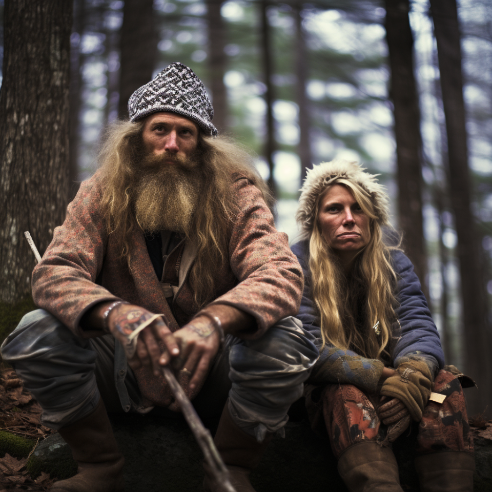 A man with long hair and a long, unkempt beard and a mustache sits in the woods with a woman with long hair; they're both wearing thick hats, jackets, and pants