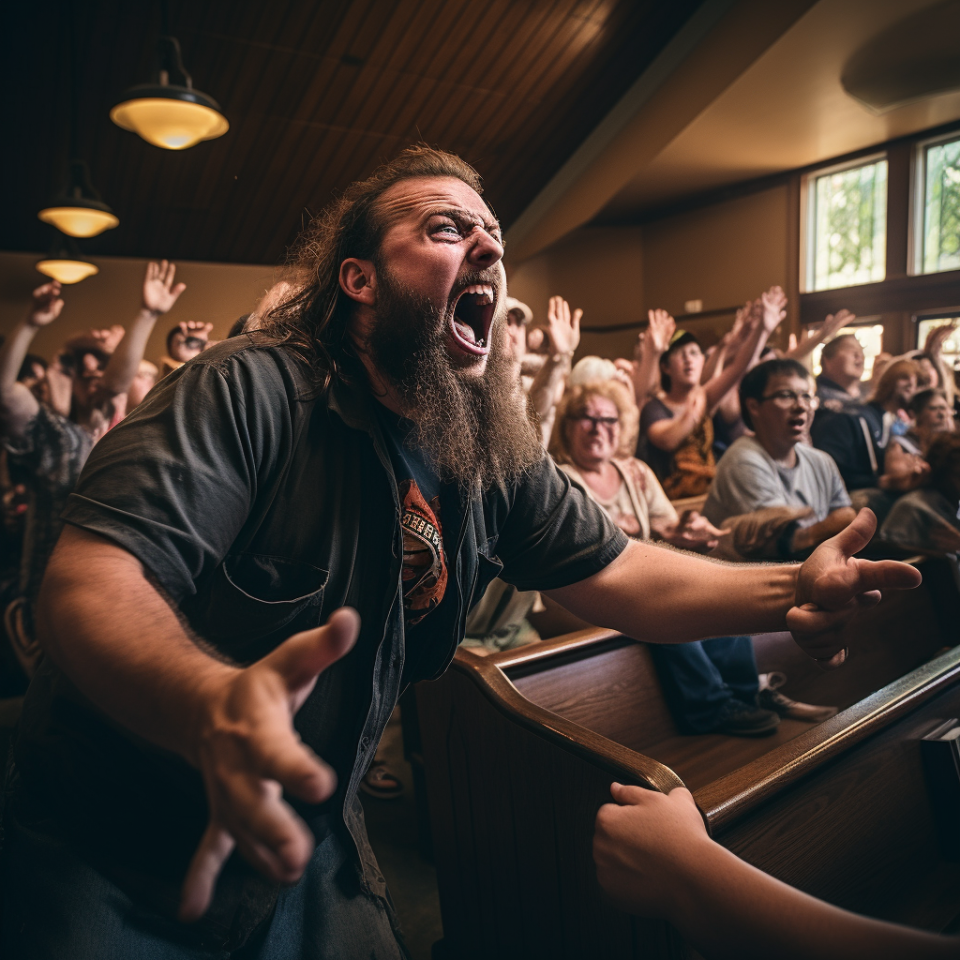 An irate man stands in the aisle of a church as people with their hands raised sit in the pews behind him