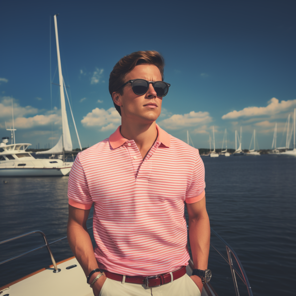 A man wearing sunglasses and wearing a striped, short-sleeved T-shirt stands by the water with many leisure boats behind him