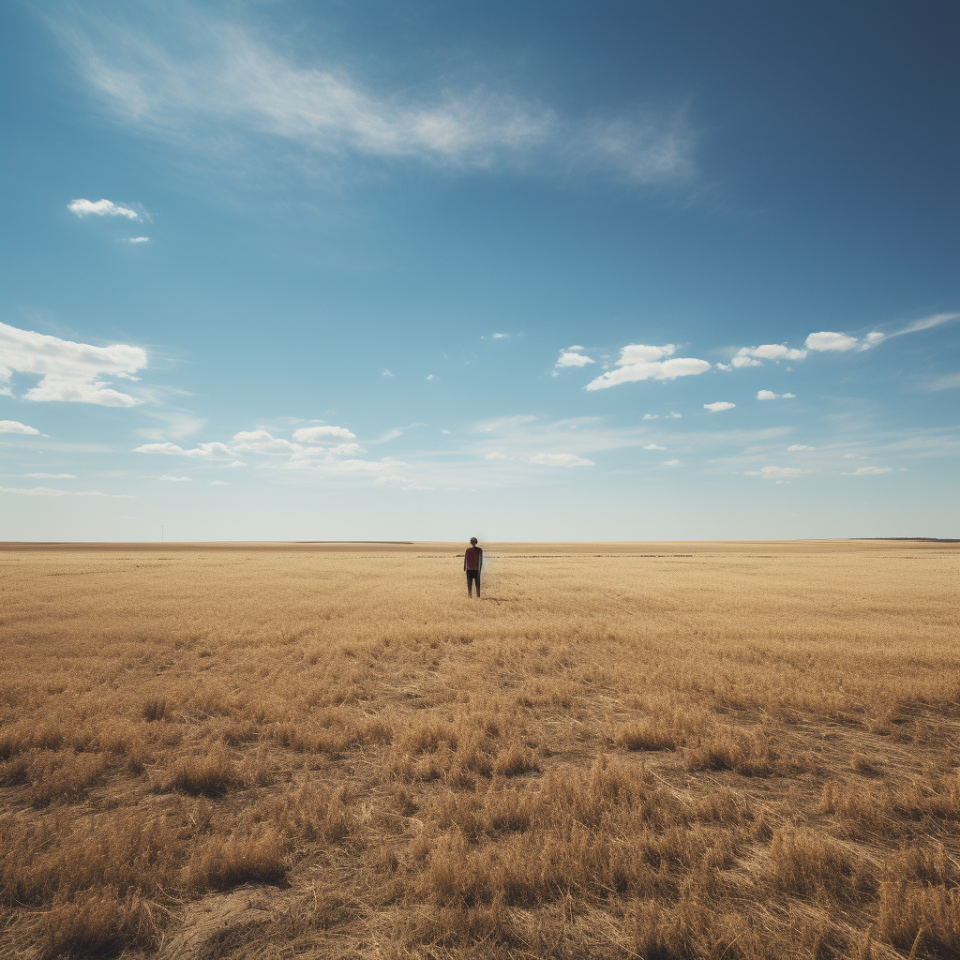 A lone figure standing in the middle of an empty field