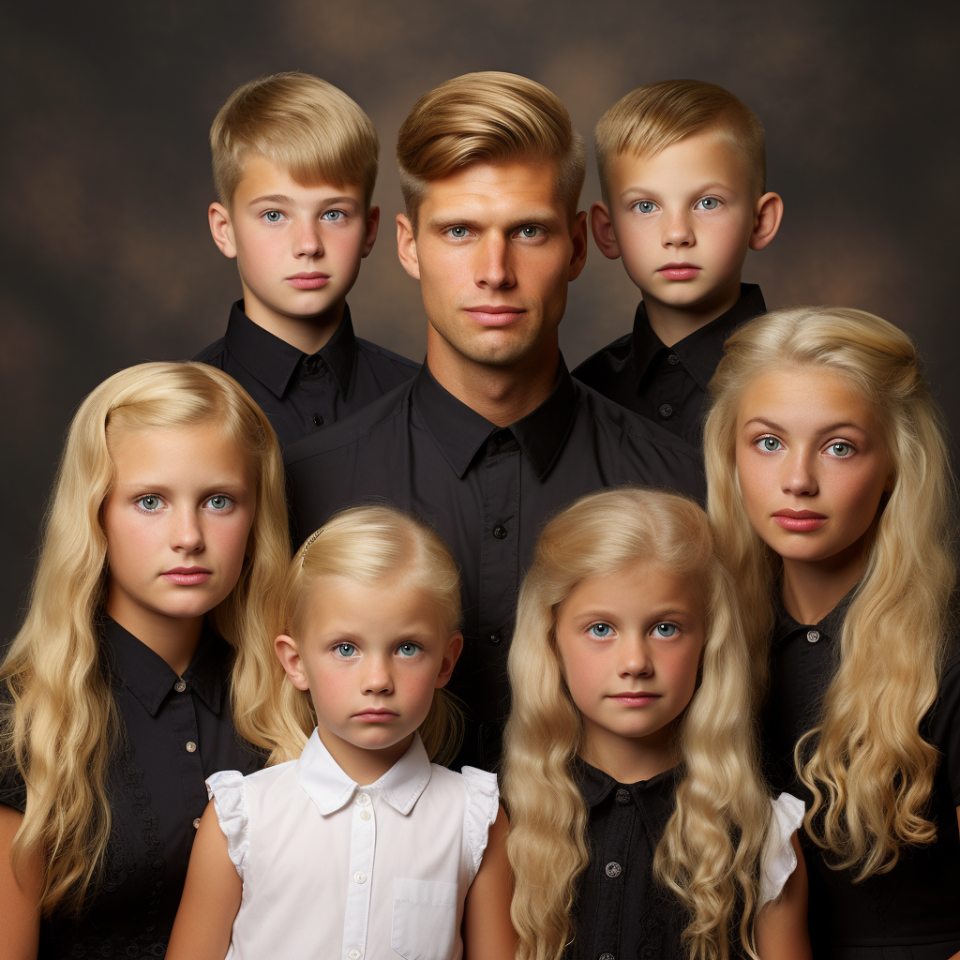 A young man in the middle of a group of five children and one young woman, all of them blonde and none of them smiling