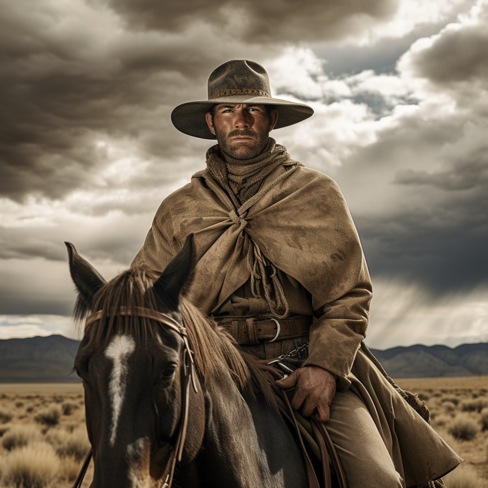 A man wearing a wide-brimmed hat and cape sits on a horse in an open field