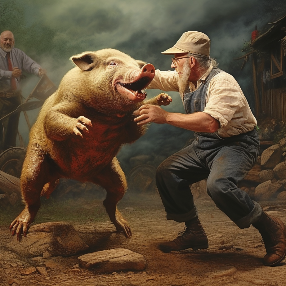 An older man with a long white beard and wearing a cap and overalls stands next to a huge pig on its haunches as if he's about to hug or dance with it