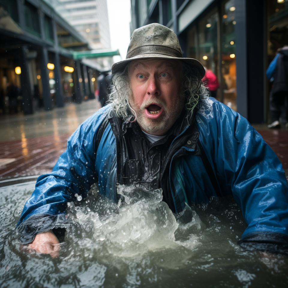 A man with unkempt hair and a slight gray beard and mustache, wearing a short-brimmed hat and raincoat, stands in water up to his waist on the street