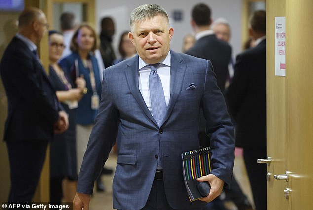 Slovakia's Prime Minister Robert Fico arrives prior to the start of a EU leaders Summit at The European Council Building in Brussels on October 26, 2023