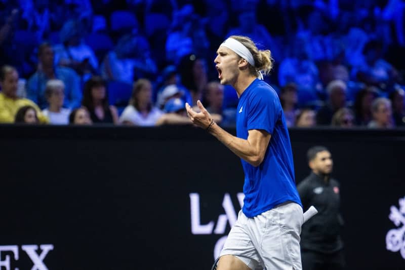 German tennis player Alexander Zverev of Team Europe ccelebrates defeating US' Frances Tiafoe of Team World in their singles match of the Laver Cup tennis tournament at Uber Arena. Christophe Gateau/dpa