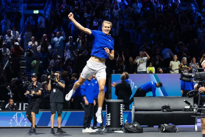 German tennis player Alexander Zverev of Team Europe ccelebrates defeating US' Frances Tiafoe of Team World in their singles match of the Laver Cup tennis tournament at Uber Arena. Christophe Gateau/dpa