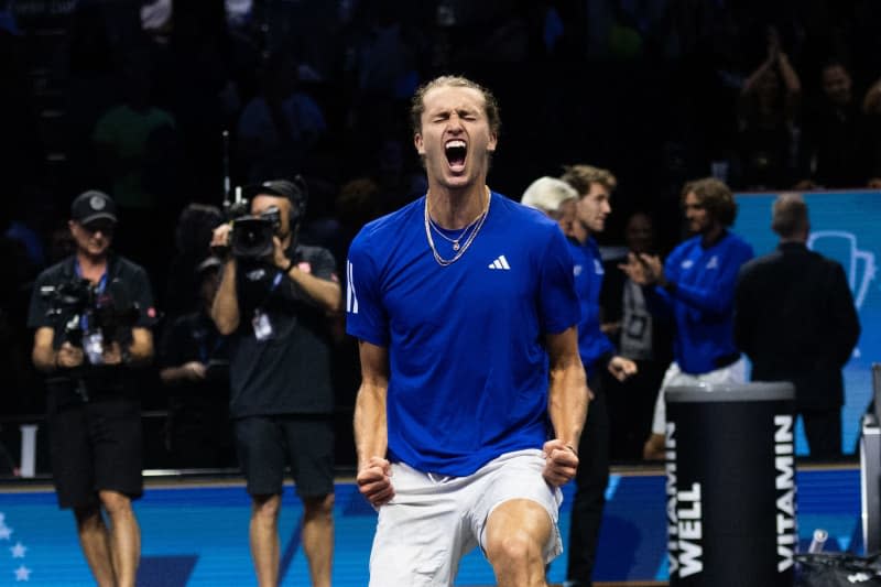 German tennis player Alexander Zverev of Team Europe ccelebrates defeating US' Frances Tiafoe of Team World in their singles match of the Laver Cup tennis tournament at Uber Arena. Christophe Gateau/dpa