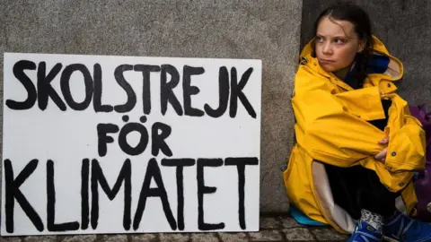 Getty Images Greta in yellow mac with sign