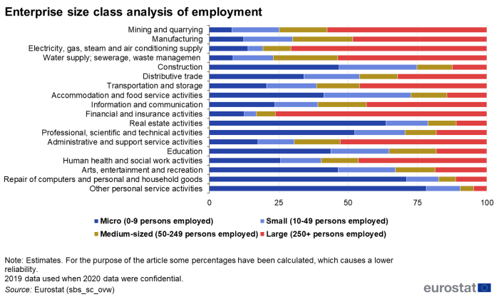 Horizontal queued bar chart showing enterprise size class analysis of employment as percentage of sectoral total in the EU. Totalling 100 percent, each business economy sector column has four queues representing micro, small, medium-sized and large enterprises for the year 2021.