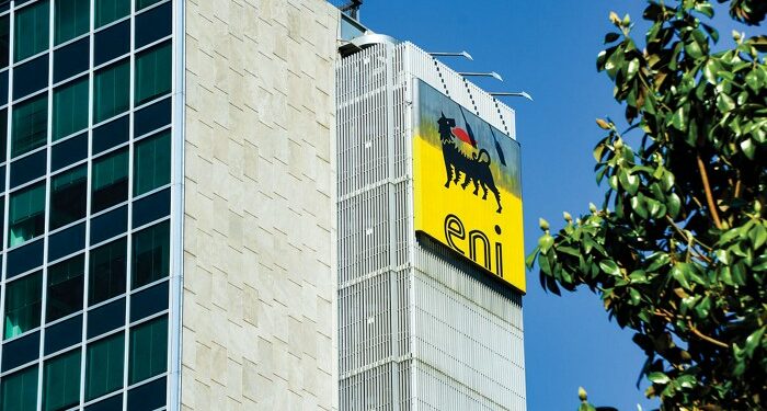 A headquarters building. It is modern and rectangular with an Eni logo on top.